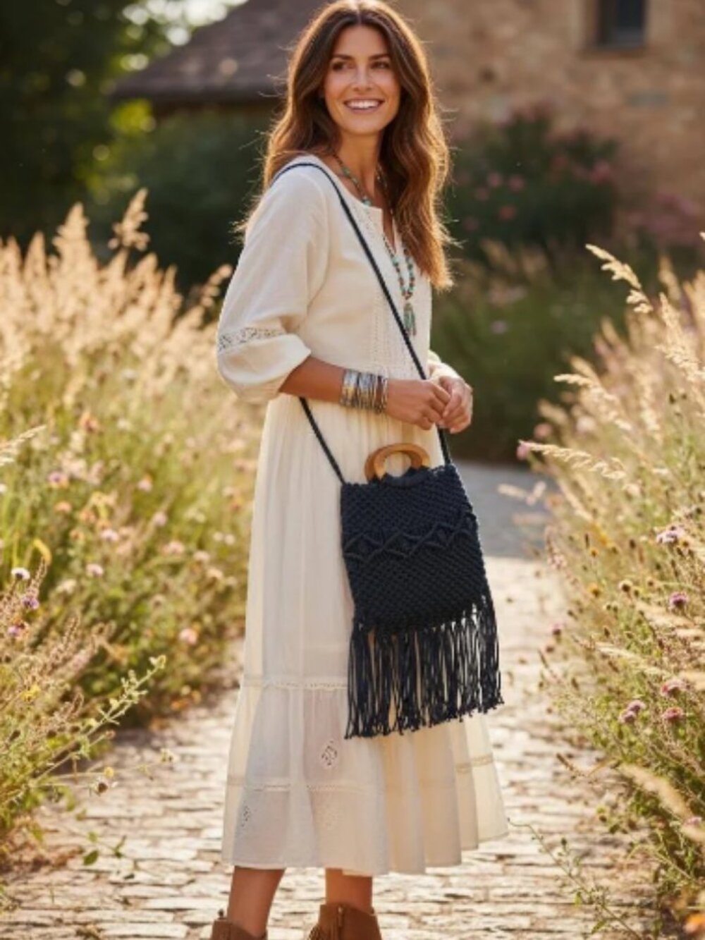 DANIELLE NICOLE Macrame Woven Black Braided Fringe Purse Boho
